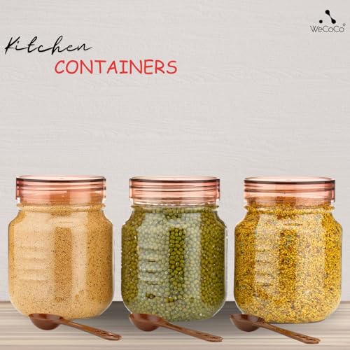 Image of Plastic Pet Storage Jar Set (750ml) with Spoons, Air-tight, Design - Kitchen Container (BROWN 3)