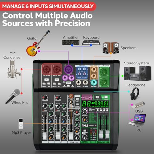 Image of Pyle 6 Channel Audio Mixer - 2 XLR Combo Mic Inputs, Bluetooth Studio Mixer /DJ Controller with DSP Digital Effects, USB-A In with MP3 Player, PC Recording, LED Level Meter, Smooth Dials and Faders