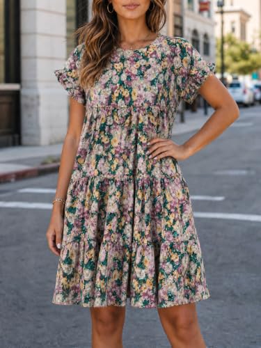 Image of Imysty Womens Boho Floral Ruffle Sleeve Babydoll Loose Flowy Casual Summer Pleated Mini Dress