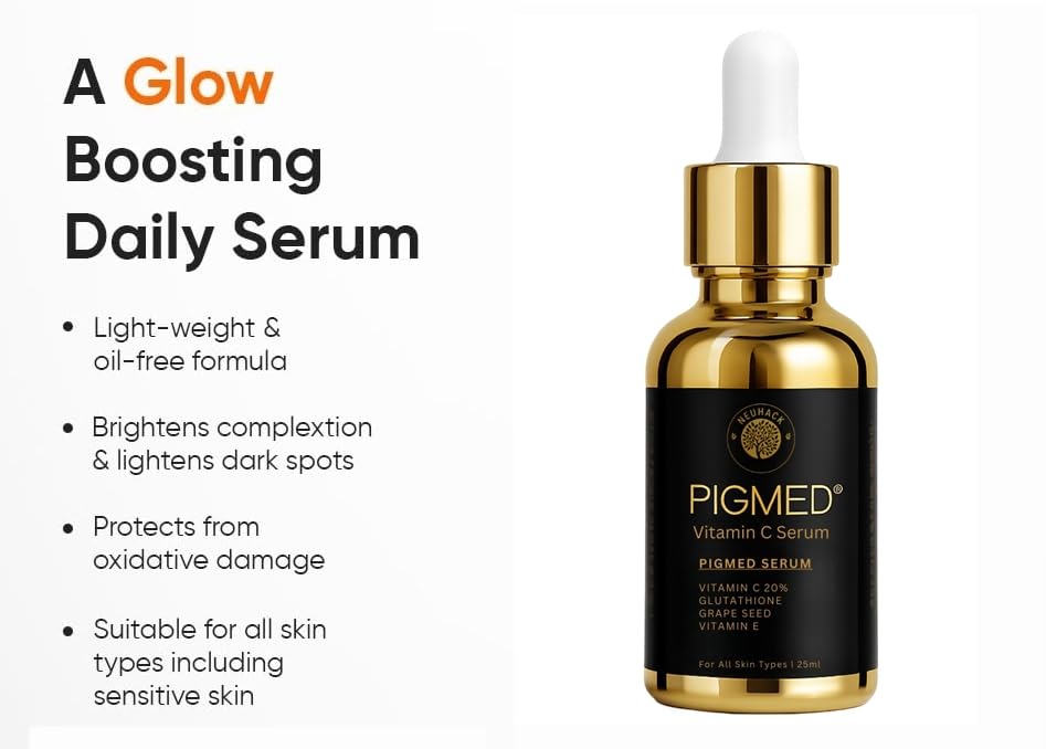 Image of Pigmed 20% Vitamin C Serum with Glutathione, Hyaluronic Acid - 25ml | Skin Brightening, Anti-Aging, Pigmentation Removal | For Men & Women