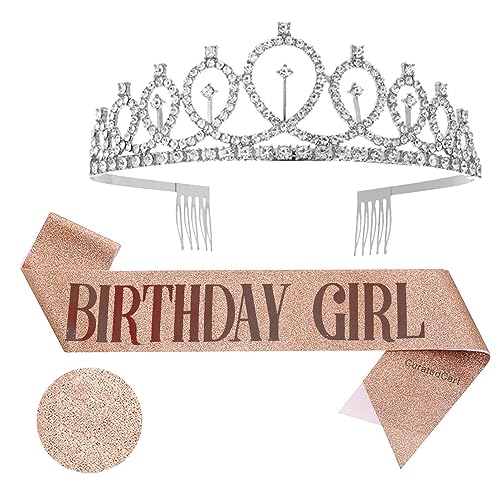 Image of Curated Cart Crystal Crown for Women and Girls - Elegant Silver Glitter Birthday Girl Sash Set with Sparkling Tiara, Perfect for Birthday Parties, Bridal Showers, and Special Occasions