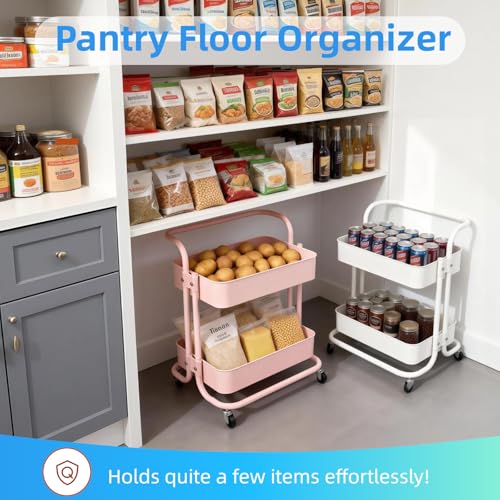Image of 2 Tier Cart with Wheels Under Desk Storage with Handle, Metal Rolling Pantry Cart for Kitchen White Small Rolling Basket for Laundry Room Bathroom, Utility Shelf Organizer for Small Space