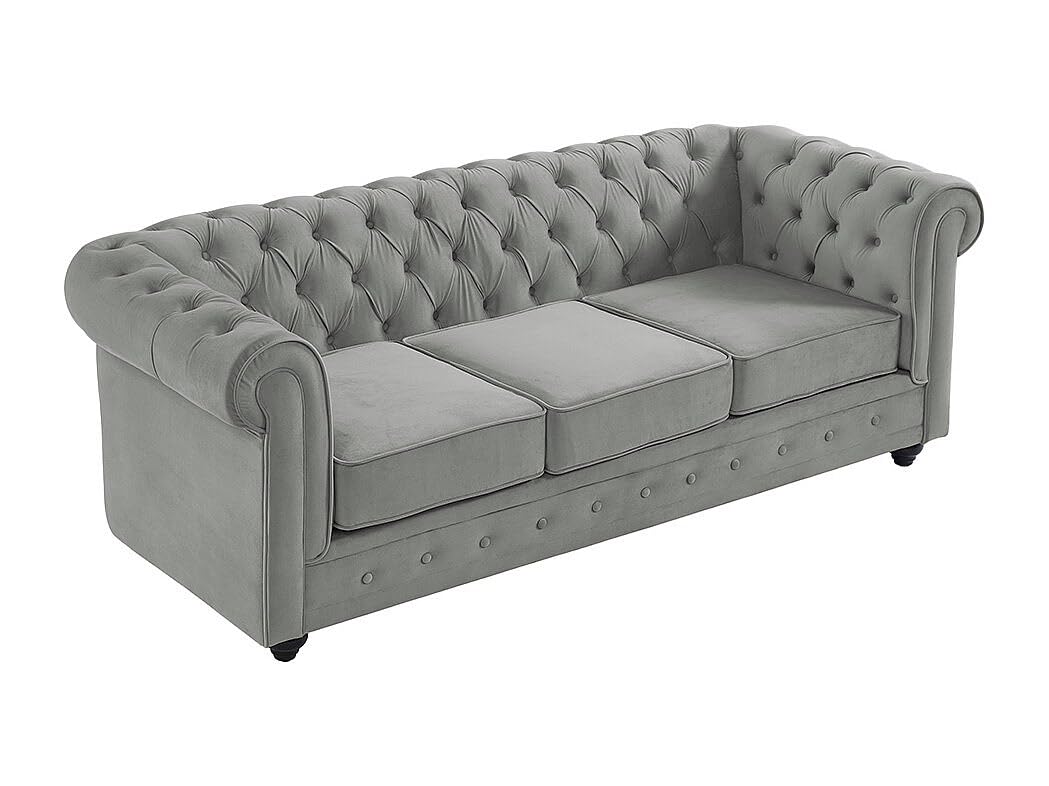 Vente-unique - Sofá Fijo 3 plazas Chesterfield - Terciopelo - Gris Claro | Forma mítica Chesterfield, asiento desenfundable