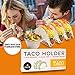 Taco Shell Stand Up Holders - 4 Pack Premium Stainless Steel Oven, Dishwasher Safe Taco Holder, Holds 3 Tacos Each Keeping Shells Neat and Upright, Also Comes With 4 Salsa Cups and 4 Wooden Spoons