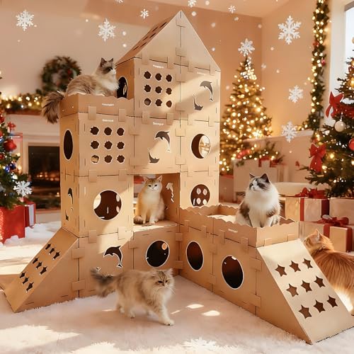 Image of DIY Cardboard Cat House with Scratching Pad, Cat Tower Indoor Play House, Versatile Cardboard Cat Tunnel Box for One or More Pets, Indoor Use Rabbit Hideout Cave Castle Brown, 3 Parts