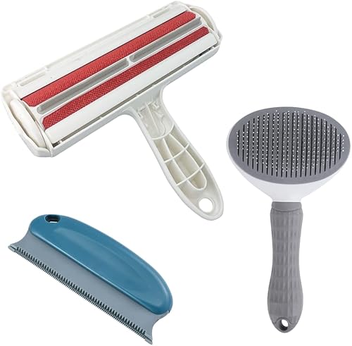 Herramienta de eliminación de pelo de mascotas, paquete de 3 rodillos de pelusa para mascotas con cepillo de autolimpieza y cepillo de limpieza