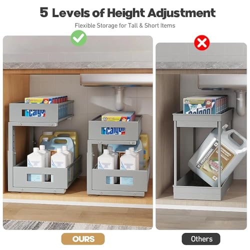 Image of Under Sink Organizer, 2-Tier Dual Pull Out Cabinet Organizer Drawers With Smooth Circular Rail,Large Capacity Metal Mesh Sliding Shelves For Bathroom& Kitchen Storage,Height Adjustable-Gun Gray,1 Pack