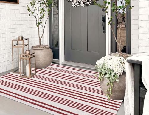 Outdoor-Teppich, 90 x 150 cm, Baumwolle, handgewebt, gestreift, maschinenwaschbar, für Innen- und...