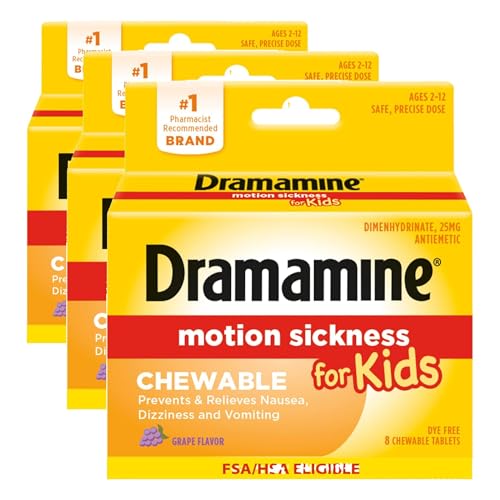 Dramamine Motion Sickness Relief for Kids - Chewable Grape Flavor, 8 Count (Pack of 3)