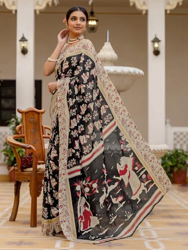 Image of SIRIL Women's Printed Ready to Wear Mul Cotton Saree With Unstitched Blouse Piece