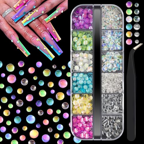qiipii 3D Aurora Bubble Beads Nail Charms Colorful Mermaid Gems Nail Art Circular Dewdrop Water Droplets Glass Rhinestones Colored Pearls Y2K Nail Charms Flatback Diamond for Nails Face Eyes Crafts