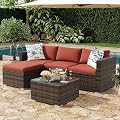 MilleLoom 5-Piece Outdoor Sectional Sofa Set, All-Weather PE Rattan Patio Furniture with Ottoman & Tempered Glass Table, Convertible Garden Couch for Backyard, Porch, Poolside (Brown/Wine Red)