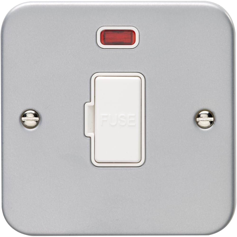 1 Gang 13A Unswitched Fuse Spur Neon Heavy Duty Metal CLAD Mains Isolation Plate - Mains Lighting Safety Wall Face Plate