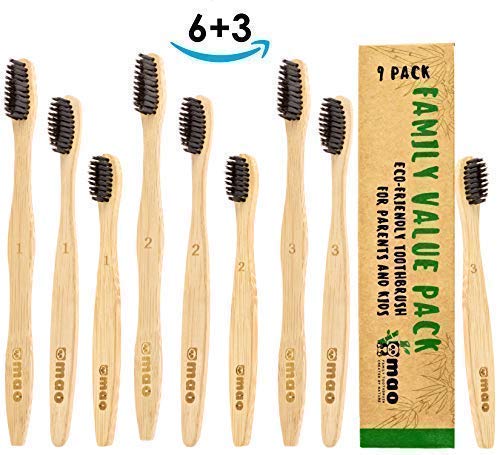 9 Pack Mao Bamboo Toothbrushes for Kids and Adults | The Ultimate Natural and Organic Wood Toothbrush For Your Family |