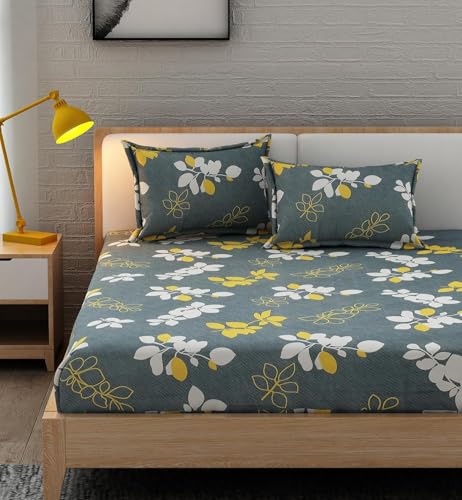 Image of Cotton Feel King Size Flat Bedsheet for Double Bed (90 x 100 Inches | 230 x 250 cm) with 2 Pillow Covers | Soft & Smooth Printed Bedsheet for Daily Use (Green&Grey, King Bed-90x100)