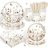120 Pcs of Wildflower Party Supplies Flowers Baby Shower Birthday Decorations Including Plates, Cups, Napkins, Tableware for Wildflower Baby Shower Tea Decorations, 20 servings