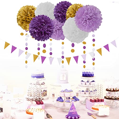 Image of Purple Gold Graduation Decorations - 30pcs Kits Lavender White Paper Flowers,Banner Flags,Tassel Streamer Garland Engagement Girl Baby Bridal Shower Party Decoration Lasting Surprise