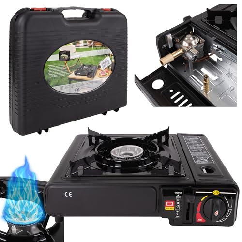 CampSup Campingkocher 2in1 Gas – Tragbarer Gaskocher mit Piezozündung, 2500 W Leistung, für Kartusche & Gasflasche, inkl. Tragekoffer & Windschutz – Outdoor, Camping, Angeln, Trekking