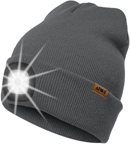 ATNKE LED Lighted Beanie Hat,USB Rechargeable 4 LED Running Headlamp Ultra Bright Cap with Light Hands Free Head Torch Winter Warm Knit Beany Tech Gifts for Men Women and Dad
