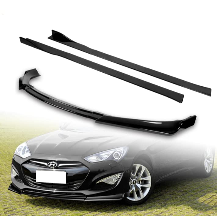 3PCS Front Bumper Spoiler Lip Compatible with 2013-2016 Hyundai Genesis Coupe + 6PCS Side Skirt Extensions Splitters Diffuser 86" x 4" Universal (Painted Black)