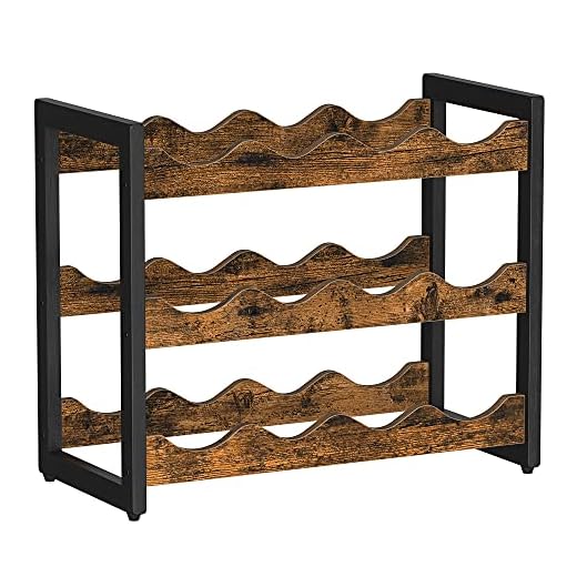 SONGMICS Countertop Wine Rack, 3-Tier Display Wine Storage Shelves, Holds 12 Bottles, Bamboo Wobble-Free Bottle Holder for Kitchen Bar Dining Room Living Room, Rustic Brown and Black UKWR011B01