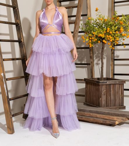 Women's Rave Skirt High Low Layered Mesh Tutu Tulle Long Skirts Elastic Waist Festival Party Wedding Dress Bottoms (Purple, One Size)2