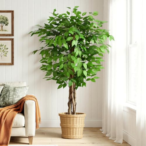 Keeplush 5ft Ficus Artificial Trees with Natural Curved Trunks, 60' Tall Lush Faux Tree for Home Decor Indoor, Green Lifelike Fake Ficus Tree Artificial Plants