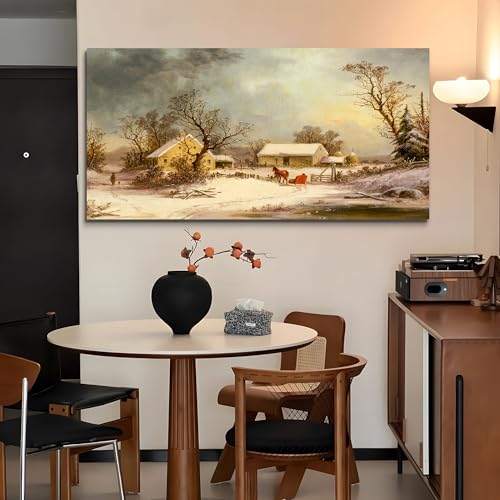 crmotu Country Wall Art, Landscape Art Wall Decor, Oversized Wall Art, Modern Farmhouse Wall Decor, Winter Farm Vintage Paintings for Living Room Bedroom Dining Room Entryway Art Prints 30X60