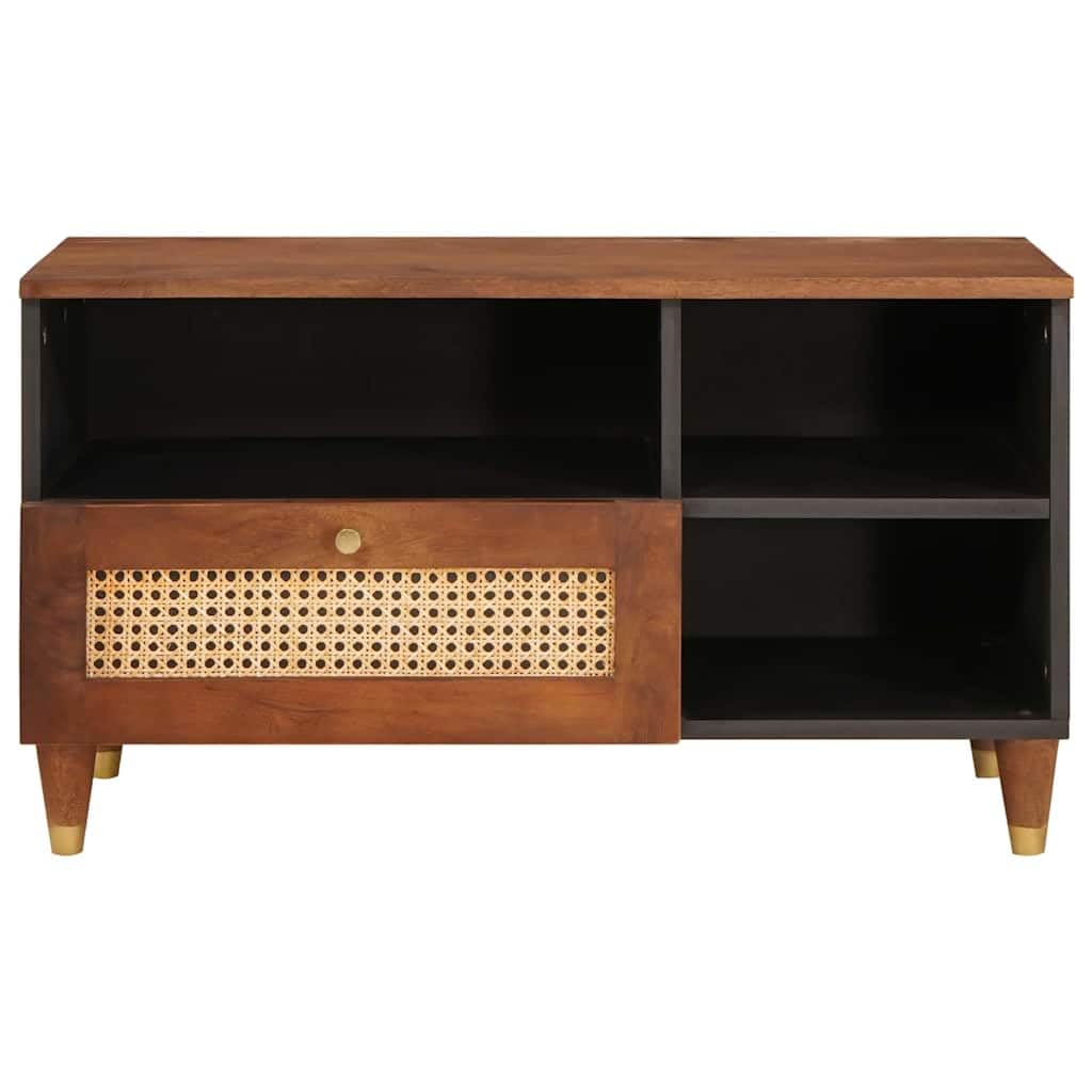 Mobile TV in legno massiccio di mango marrone, 80 x 33,5 x 46 cm, con ripiani e cassetto, credenza per soggiorno, mobile basso per CD e DVD, moderno mobile TV