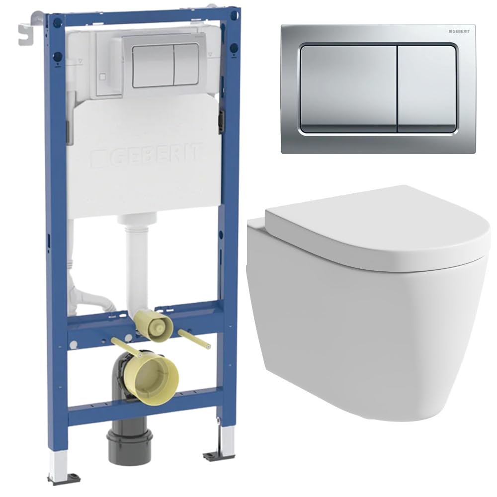 Affine® Bordeaux Rimless Wall Hung Toilet Pan WC Dual Flush Soft Close Seat with Geberit Duofix 1120mm Concealed WC Cistern Frame and Alpha01 Flush Plate
