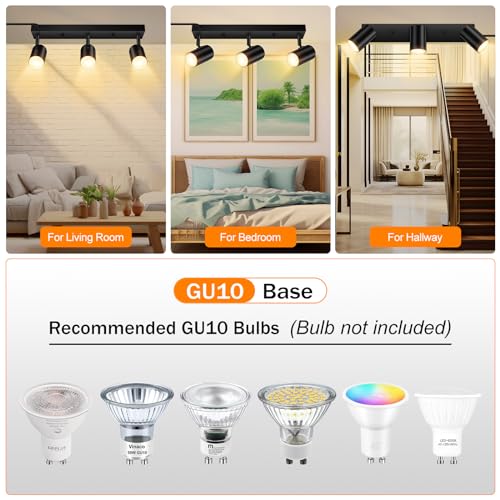 AUQUEE 3 Light Track Lighting Kit,Black 3 Way Modern Plug in Ceiling Spotlight,Industrial LED Wall Light for Kitchen Cabinet Gallery Bar Hallway Living Room,Rocker Switch,15 Foot Cord(No Bulb) by AUQUEE - Image 2