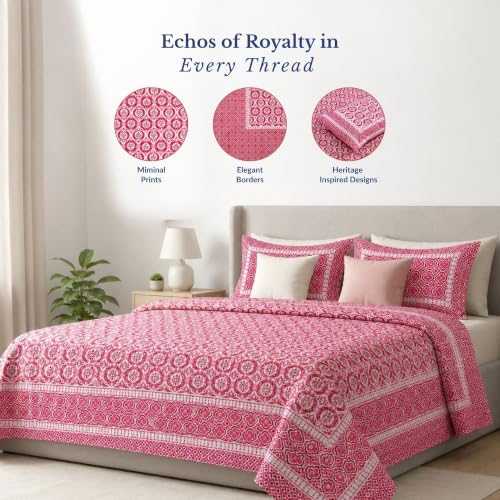 Image of Jaipur Weaves Jaipuri Double Bed Cotton Bedsheet Queen Size 90x85, 120 TC 100% Pure Cotton Bed Sheet with 2 Pillow Covers, Floral Traditional Print (Pink Floral, Double)