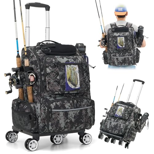 Lansru Rolling Fishing Backpack with Rod Holder, 48L Wheeled Tackle Bag Organizer with Dividers for 3600 Trays (Not Included), Storage Fishing Gear & Equipment, Water-resistant Fishing Bag for Men