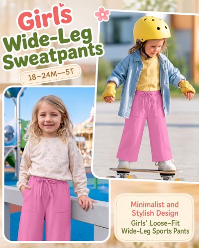 Image of Toddler Girls Wide Leg Pants | Baby Girls Sweatpants, Baggy Drawstring Pants with Pockets, Open Bottom Joggers, Back to School Trousers, for Kids 18M-5T