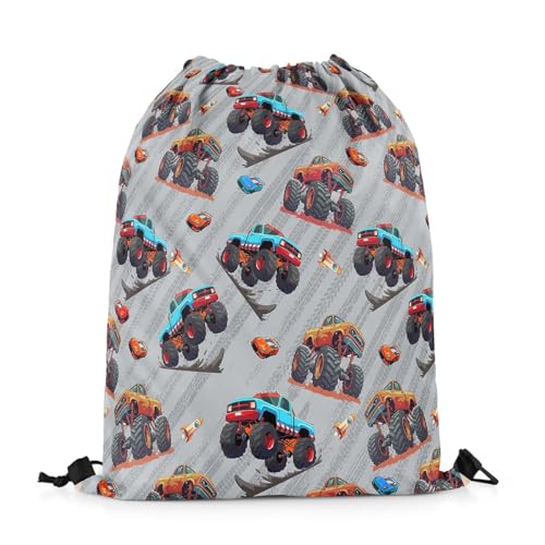 Cartoon Trucks Drawstring Backpack Blue Orange Off-Road Vehicle Gym Cinch Sack Sports Draw String Knapsack Grey Tire Print Cute Car Rocket Hippie Bag for Camping Climbing 13