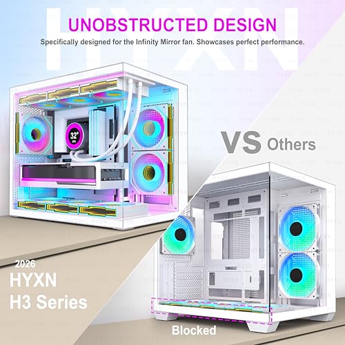 Image of H3 HYXN ATX PC Case - Pre-Installed with 6 Infinity Mirror PWM ARGB Fans - Compact Dual Cavity Mid-Tower PC Gaming Case - with Type-C 3.2-360mm Radiator Support, White