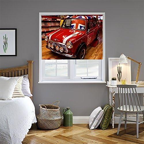 Mini Cooper Theme, Blackout Fabric Roller Shade for Windows with Beaded Chain in Right (3' Width)