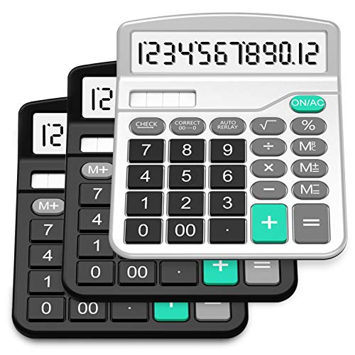 Calculator, Splaks 3 Pack Standard Functional Desktop Calculator Solar and AA Battery Dual Power Electronic Calculator with 12-Digit Large Display (2 Basic Black&1 Updated Silver)
