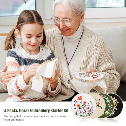 Image of 4 Pack Embroidery Kit for Beginners, Adults Cross Stitching DIY Starter Kits with Flower Printed Patterns, 2 Bamboo Embroidery Hoop, Color Threads, Needle Tool, Instructions, Gift for Hand Craft Lover