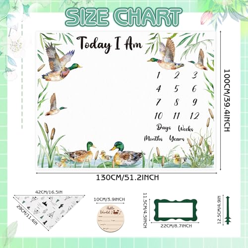 Image of Mallard Duck Monthly Milestone Blanket for Baby Boy Flannel Newborn Infant Swaddle Growth Chart Photography Background with Baby Birth Signs, Felt Frames, Bibs
