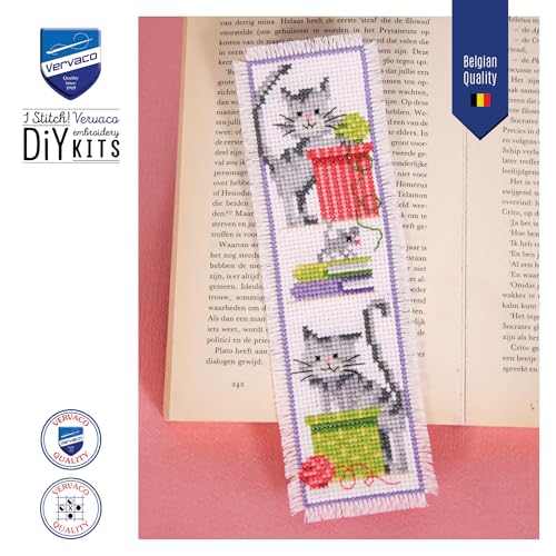 Image of Vervaco Cross Stitch Bookmark Kit Curious Cats 2.4 inch x 8 inch