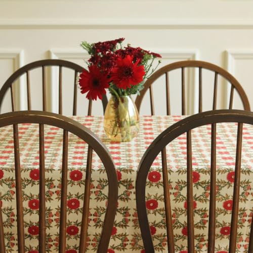 Image of THE YARD HOUSE Wipeable & Anti-Slip Hand Block Printed Cotton Table Cover - Field of Poppies, 6 Seater Rectangle (60 inch x 90 inch) Ideal for Families - Protects Against Spills, Scratches, and Damage.