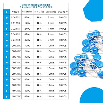 Varistor 15 Values 150 PCS Voltage Dependent Resistors Kit Assortment(5D471K,7D121K,7D241K,7D431K,7D471K,10D121K,10D241K,10D271K,10D331K,10D391K,10D431K,10D471K,14D121K,14D431K,14D471K)