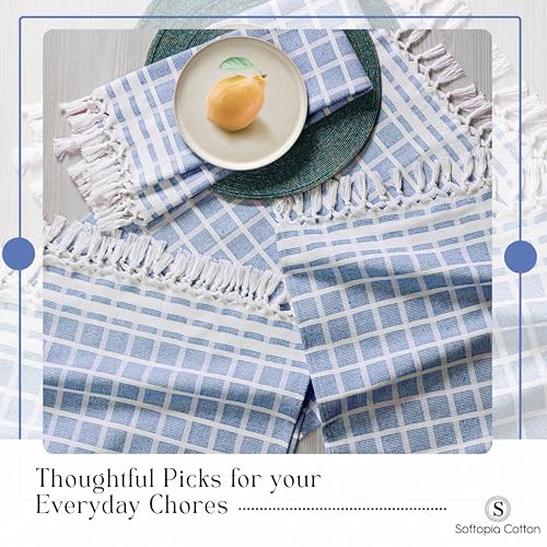 Image of Matrix Dobby Kitchen Towels 12 Pack, 100% Cotton, 16x26 Inches, Handmade Knotted Tassel Dish Towels, Quick Dry, Durable, Absorbent and Reusable Cleaning Cloths - Sky Blue, Natural
