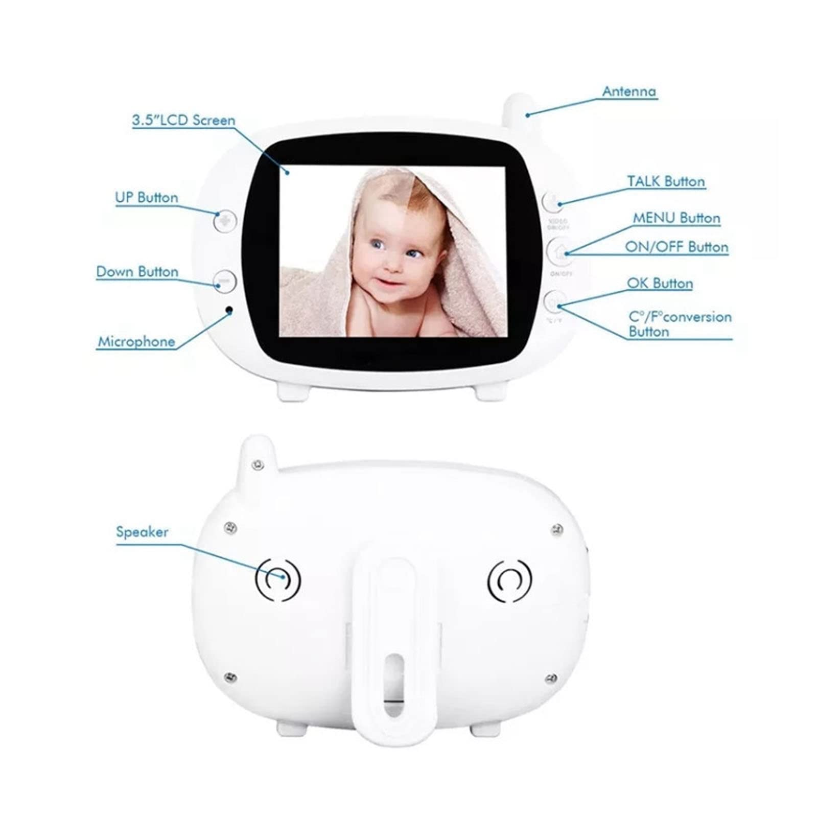 Fockety Moniteur bébé 3,5 Pouces avec Nocturne Infrarouge, Bidirectionnel, Fil 2,4 G, Surveillance de la Température, Veilleuse et Berceuses (Prise UE)