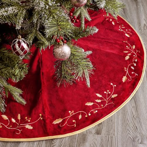 Bunny Chorus Christmas Tree Skirt, 48 inches Red Luxury Velvet Plush Fur Skirts with Gold Embroidered Holly Leaf for Rustic Xmas Tree Holiday Decorations
