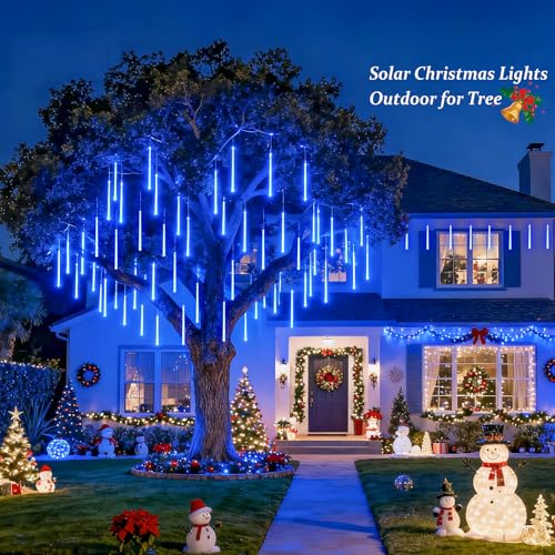 JMEXSUSS Solar Christmas Lights Outdoor, 8 Tube 144 LEDs Solar Meteor Shower Lights Outdoor, Hanging Blue Christmas Light for Tree Icicle Garden Yard Patio Gazebo Party Xmas Decor thumbnail 3