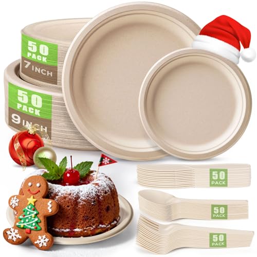 Gezond 250Pcs Disposable Paper Plates Set, Compostable Plate Sugarcane Utensils Eco Friendly Dinnerware Kit Includes 50 Biodegradable Plates, Forks, Knives and Spoons for Brithday Party Camping