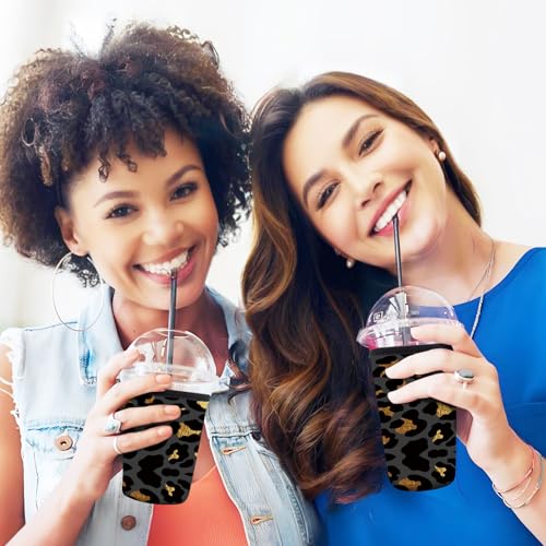 Image of 3 Pack Reusable Neoprene Insulator Sleeve for Iced Coffee Cups, Funny Coffee Cup Sleeves for 16-32oz Coffee cups, Cute Drink Sleeve for Cold Hot Beverages Cute Black Leopard