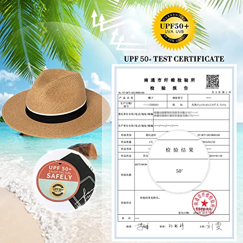 Comhats Women Straw Sun Fedora Hat For Women,Packable Beach Hat Wide Brim Panama Hat Uv Upf 50+ Summer Hat Khaki #TOP3